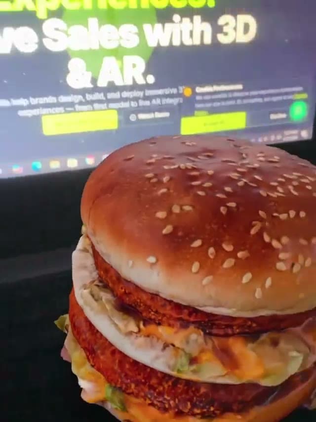 Photoreal 3D burger model showing bun, patties and sauce detail